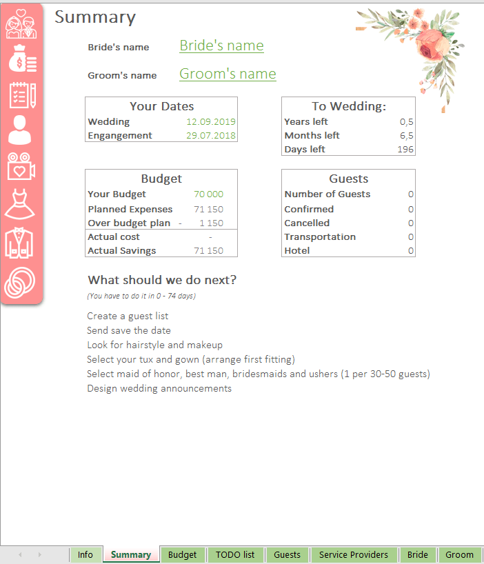 Summary Wedding Planner Excel template