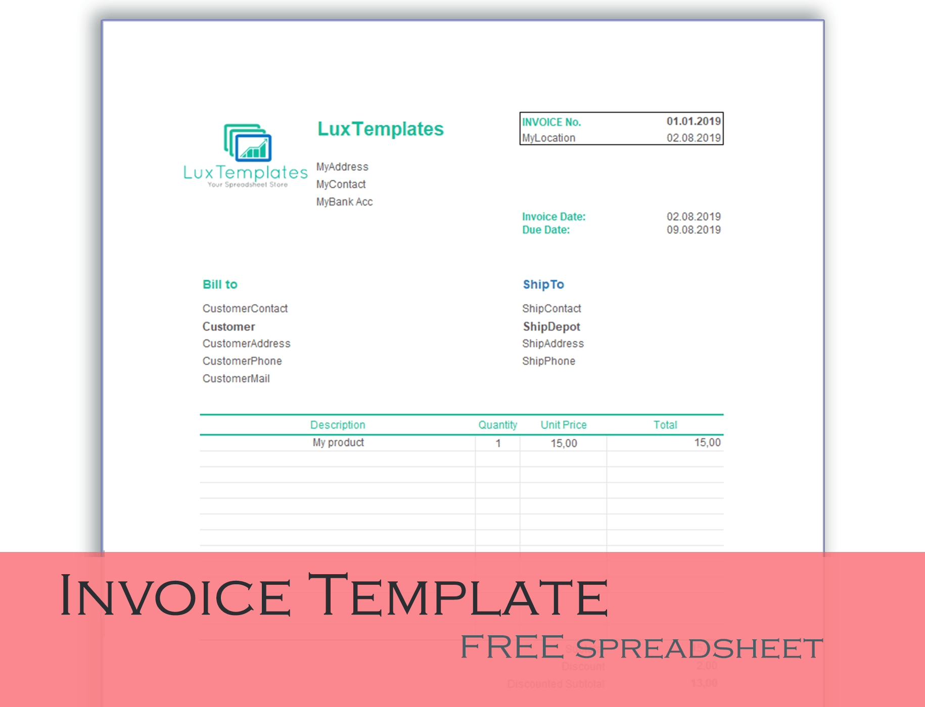 Invoice Templates for Excel - Free Spreadsheet  LuxTemplates Within Xl Invoice Template