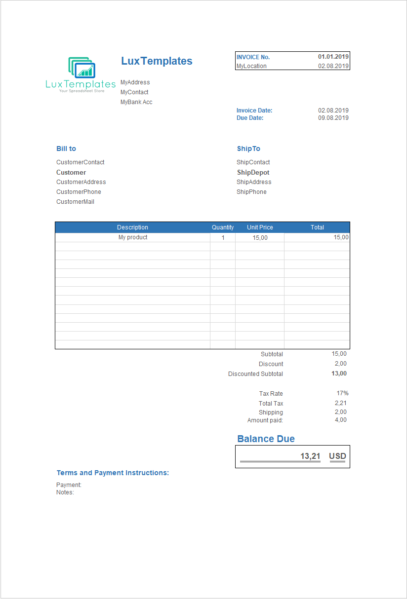 Invoice Templates for Excel - Free Spreadsheet  LuxTemplates Within Invoice Tracking Spreadsheet Template