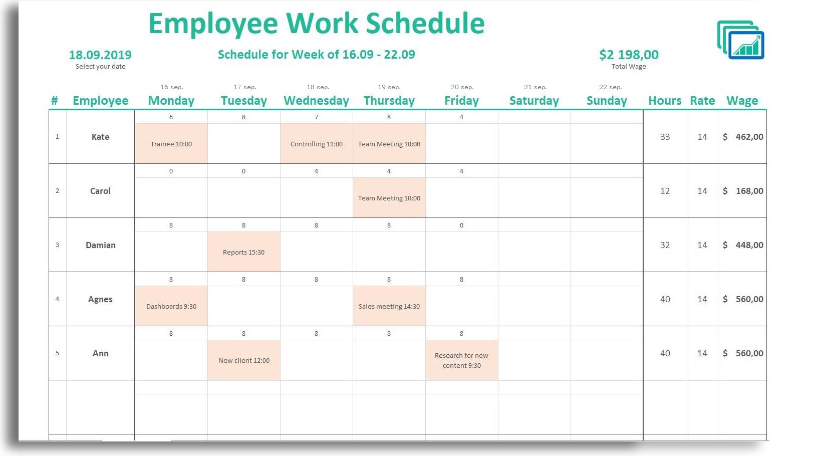 weekly working schedule excel template