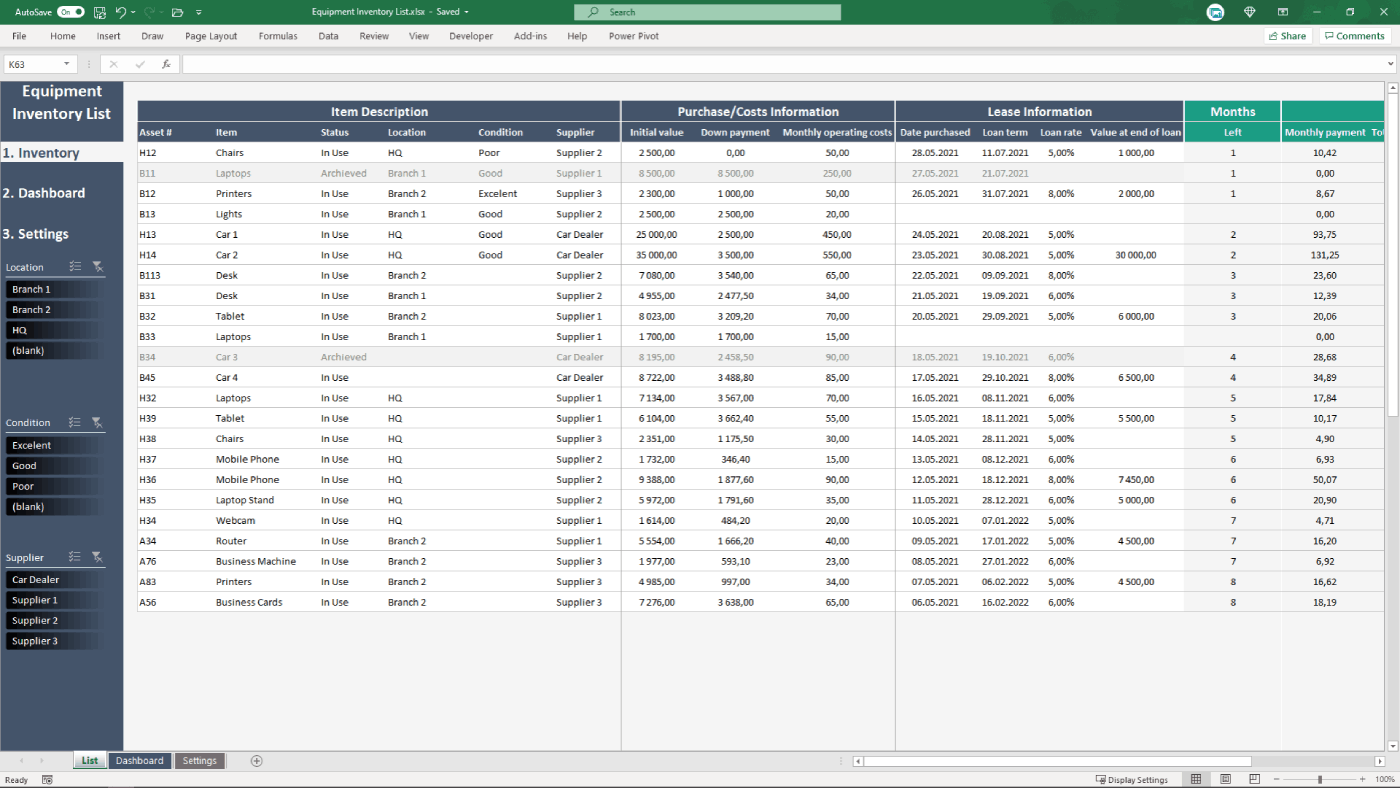 equipment hours spreadsheet