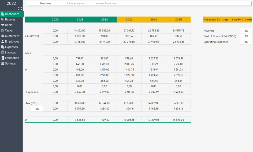 Income statement spreadsheet